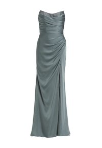 Bodenlanges Kleid aus sanftem Teal-Stoff, mit gerafften Details und einem schimmernden, verzierten Ausschnitt. Glatte Textur mit einer taillierten Silhouette.