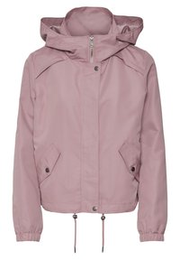 Light pink, water-resistant jacket with a hood, two side pockets, a zip front, and adjustable drawcord at the hem and elastic cuffs.