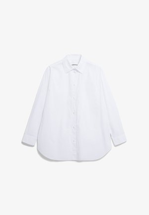 Witte lange mouwen button-up shirt van katoen. Heeft een puntige kraag, een zak aan de linkerkant en een ronde zoom.
