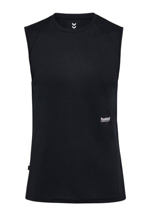 Schwarzes ärmelloses Sportshirt mit Rundhalsausschnitt, gerippter Textur und weißem Logo auf der Vorderseite. Einfaches Design, geeignet für sportliche Aktivitäten.