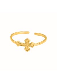 Bague ouverte en ton or présentant un design de croix avec des détails texturés et des bords lisses. Légère et simple, idéale pour être empilée.