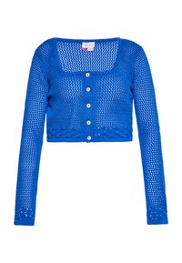 Zastrihnutý cardigan s dlhým rukávom v jasne modrej farbe, vyrobený z otvorenej pleteniny. Má štvorecový výstrih a šesť bielych gombíkov vpredu.
