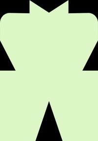 Groen abstract ontwerp met een grote centrale vorm met uitsparingen, omrand door zwarte driehoekige accenten, wat een dynamisch visueel contrast creëert.