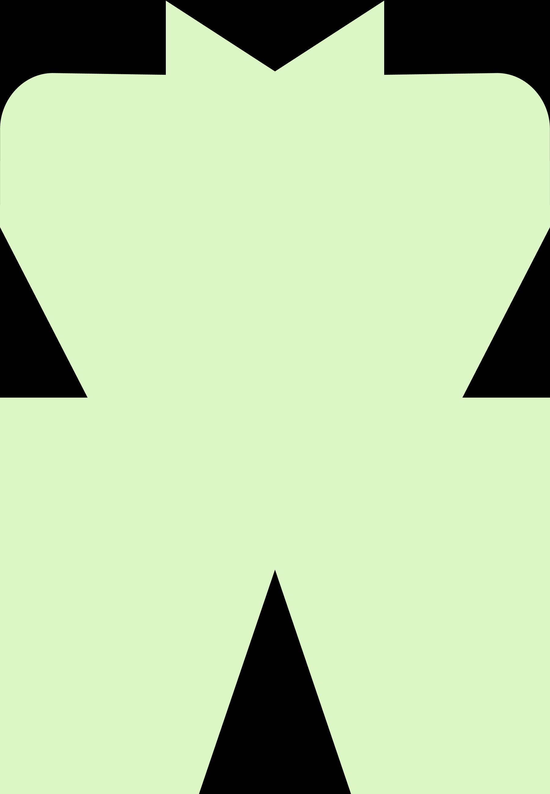Groen abstract ontwerp met een grote centrale vorm met uitsparingen, omrand door zwarte driehoekige accenten, wat een dynamisch visueel contrast creëert.