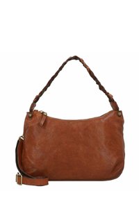 Borsa a spalla in pelle marrone con finitura texture, manico intrecciato e tracolla regolabile. Caratterizzata da chiusura con zip e dettagli in ottone.