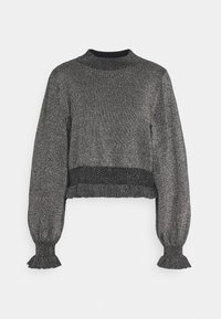 Mörkgrå metallisk stickad tröja med långa puffärmar, ribbad krage och volangavslut på ärmarnas och nederkantens. 