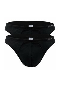 Zwarte katoenen slips in een verpakking van twee, met een gladde textuur, elastische tailleband en een minimalistisch ontwerp zonder zichtbare patronen.