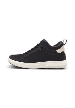 Black sneaker with a textured upper, white sole, round toe, and lace-up design; features a cushioned collar and pull tab at the heel.