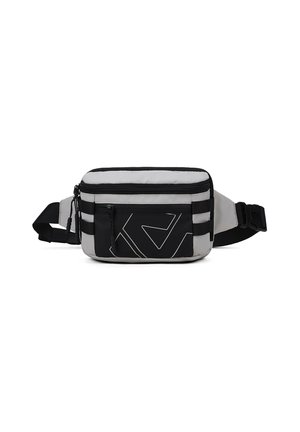 Marsupio nero e grigio con scomparto principale con cerniera, tasca frontale, tracolla regolabile e dettagli logo geometrico bianco.