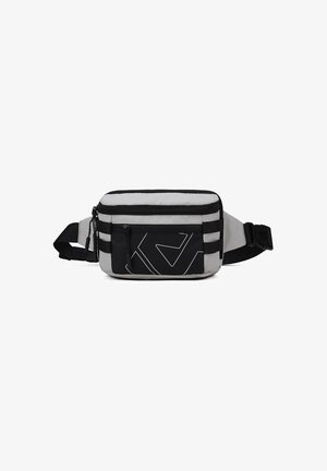 Marsupio nero e grigio con scomparto principale con cerniera, tasca frontale, tracolla regolabile e dettagli logo geometrico bianco.