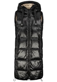 Veste longue sans manches matelassée noire avec capuche, fermeture éclair devant, poches latérales zippées et doublure intérieure beige.