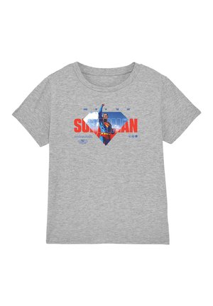 Grey t-shirt with Superman graphic showing him flying with fist raised, set inside diamond shape and "SUPERMAN" text in red and blue.