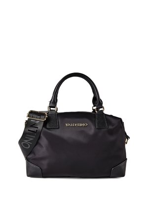 Schwarze Valentino Handtasche mit zwei Griffen, abnehmbarem, markenbesticktem Schulterriemen und goldenem Logo vorne, mit Lederakzenten an den Ecken.