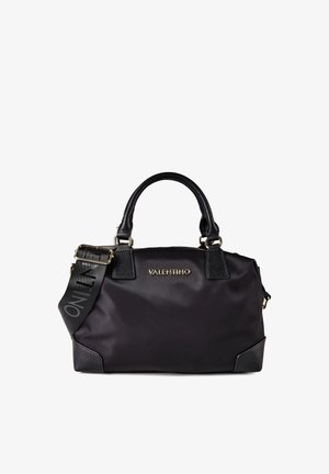 Zwarte Valentino handtas met dubbele handgrepen, afneembare gebrande schouderriem en goudkleurig logo aan de voorkant, met leren hoekaccenten.