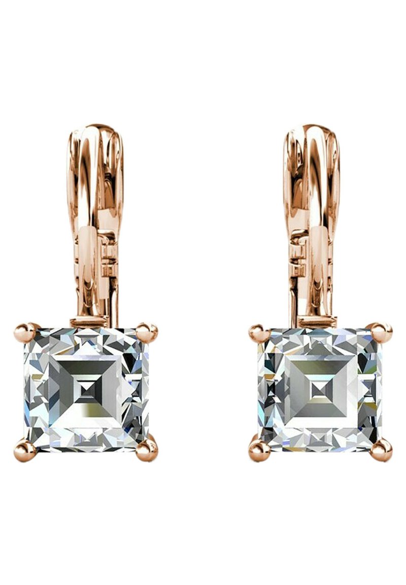 Quadratische Ohrringe aus Zirkonia mit einer roségoldenen Fassung, die ein Verschlussdesign und vier Krallenakzente für eine sichere Befestigung aufweisen.