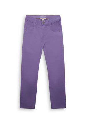 Pantalon slim violet avec bouton à l’avant et poches, posé à plat sur fond blanc.