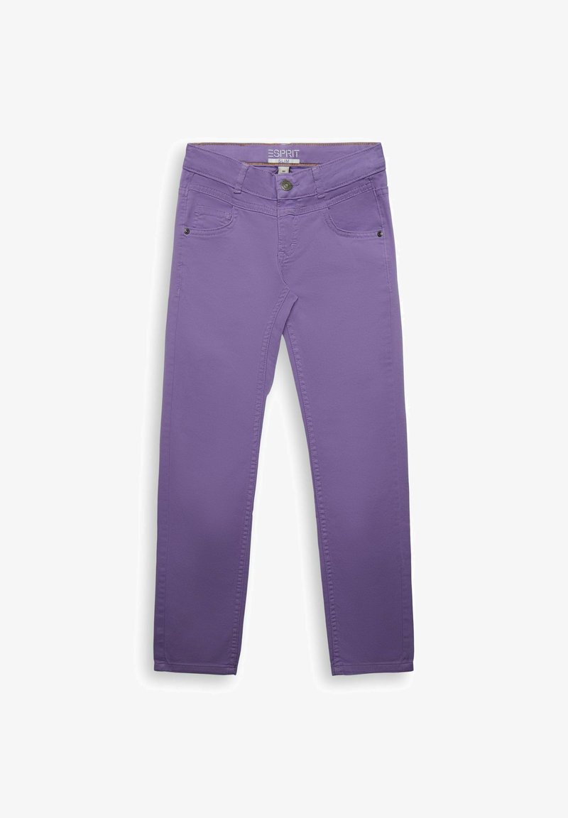Pantalon slim violet avec bouton à l’avant et poches, posé à plat sur fond blanc.