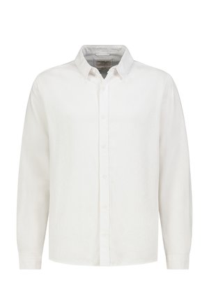 Langärmliges weißes Hemd mit klassischen Kragen, sichtbaren Knöpfen vorne und ohne sichtbare Muster oder Logos.