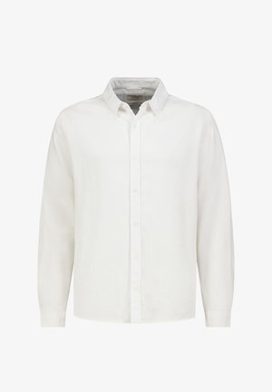 Long-sleeve white button-up shirt with a classic collar, visible buttons down the front, and no visible patterns or logos.