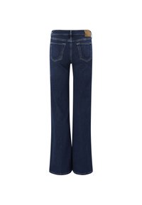 Dunkelblaue Jeans aus Denim mit weitem Bein, zwei Gesäßtaschen, Gürtelschlaufen und einem kleinen braunen Fleck am rechten Bund.