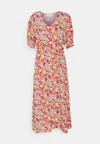Vestido floral com mangas bufantes curtas, decote em V, cintura ajustada e uma silhueta fluida. Padrão floral colorido sobre um fundo claro.