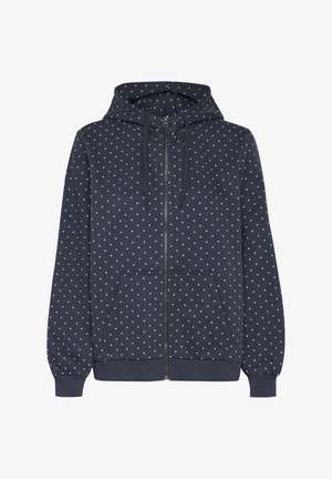 Marinefarbener Kapuzenpulli mit weißen Punkten, ausgestattet mit einer Kordelzugkapuze und Fronttaschen. Hergestellt aus weichem Stoff mit gerippten Bündchen und Saum.