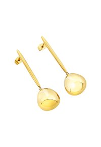 Pendientes de gota en tono dorado con un diseño de lágrima suave y redondeada y postes traseros alargados. Acabado brillante con un estilo minimalista.