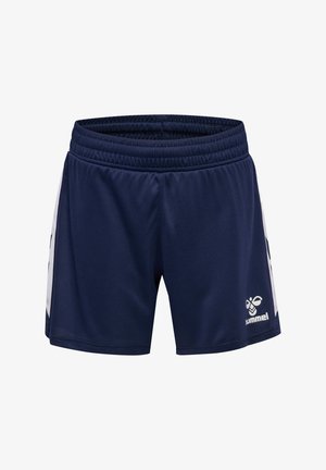 Mörkblåa sportshorts i lätt material. Har ett elastiskt midjeband och kontrasterande vita sidopaneler med branding.