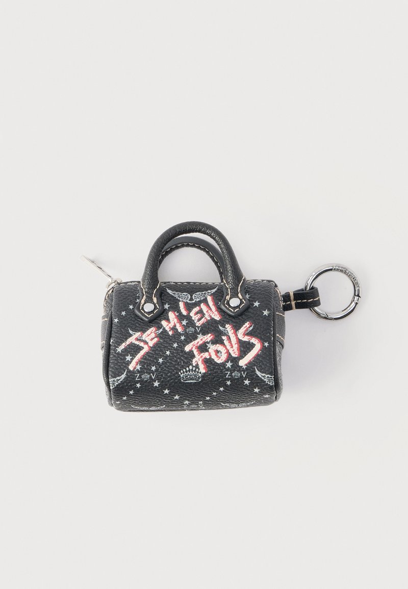 Black leather mini handbag keychain with white graphic stars, crowns, and red text "Je M'en Fous" on front, silver zipper and ring.