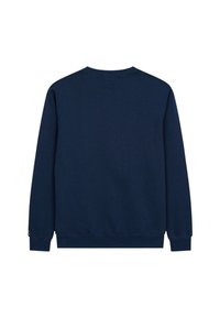 Sudadera de cuello redondo de color azul marino fabricada con tejido suave. Presenta mangas largas, puños acanalados y un ajuste casual. Sin patrones ni logotipos visibles.