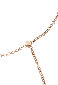 Collier en chaîne en or rose avec un connecteur circulaire simple, comportant des sections de chaîne ovales et rondes liées. Surface lisse et polie.