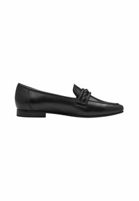 Melni ādas loafers ar elegantu formu, ar teksturētu jostu detaļu pāri vampam un zemu, stabilu papēdi.