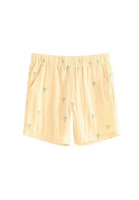 Gula shorts i lättviktsmaterial, med en strukturerad yta och broderi av en liten grön palm på framsidan. Inkluderar sidofickor.