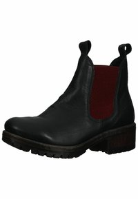 Botín de cuero negro hasta el tobillo con punta redonda, paneles laterales elásticos en rojo y suela de goma texturizada. Presenta un tacón bajo y resistente de madera.