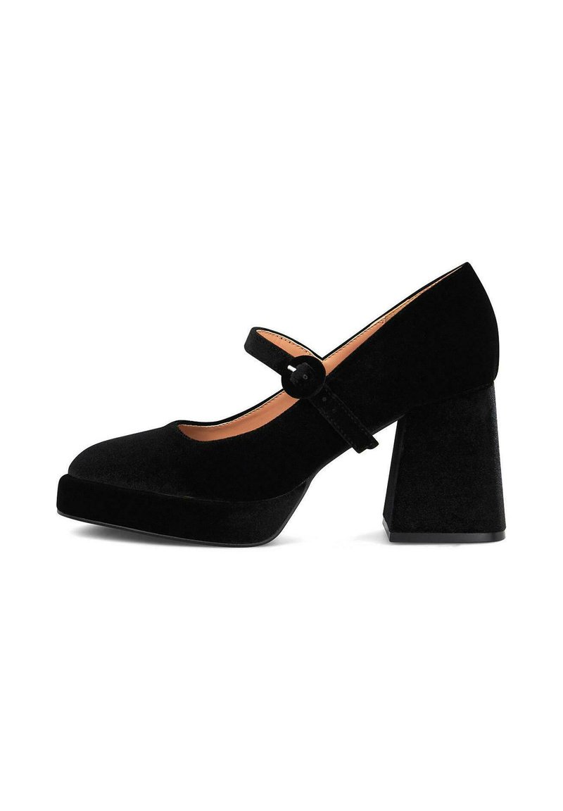 Scarpe Mary Jane in velluto nero con tacco largo, punta rotonda e cinturino alla caviglia con dettaglio a bottone, che offrono una texture morbida e liscia.