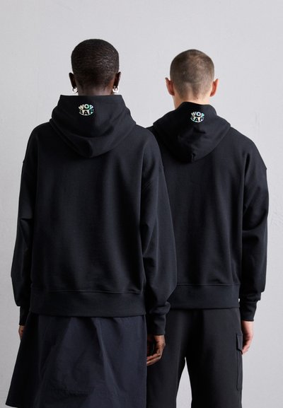 Black hooded sweatshirts with a relaxed fit, featuring graphic accents on the back of the hood and ribbed cuffs and hem.