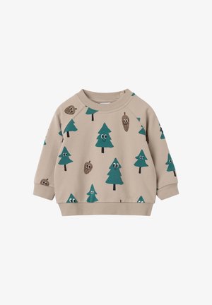Beige sweatshirt with teal tree and pinecone graphics, round neckline, long sleeves, and ribbed cuffs and hem. Made from soft cotton material.