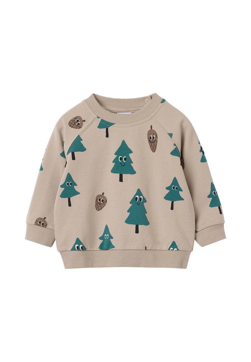 Harmaa huppari, jossa on teal väriin painettu puu ja männynkävyn grafiikka, pyöreä kaula-aukko, pitkät hihat, sekä resorit hihansuissa ja helmassa. Valmistettu pehmeästä puuvillamateriaalista.