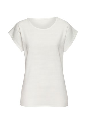 Weißes T-Shirt, lockere Passform mit kurzen Ärmeln, runder Ausschnitt, strukturierter Stoff und keine sichtbaren Muster oder Verzierungen.