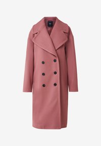 Cappotto doppio petto rosa con ampio colletto, bottoni neri, maniche lunghe e silhouette dritta. Realizzato in un materiale in misto lana texturizzato.