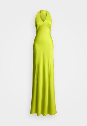 Robe longue sans manches en satin vert lime éclatant. Dotée d'un décolleté en V profond et de poches latérales discrètes. Texture lisse, coupe ajustée.