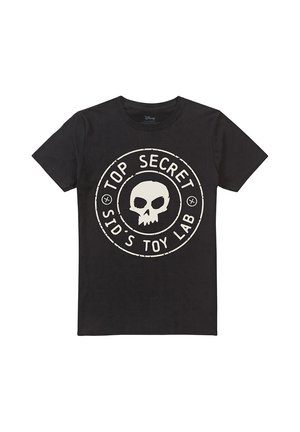 Schwarzes T-Shirt mit kurzen Ärmeln, weißer Totenkopfgrafik und den Worten "TOP SECRET SID'S TOY LAB" in einem Kreis um den Totenkopf.