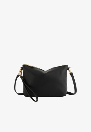 Bolso cruzado de cuero negro granulado tipo pulsera con cremallera dorada y correa desmontable, mostrado sobre un fondo blanco.