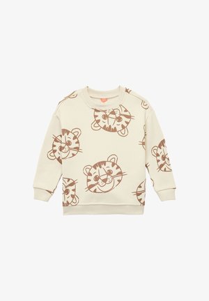 Lys beige sweatshirt med langt ærme og brune tigeransigt-tryk. Har en rund halsudskæring samt ribbede manchetter og kant. Fremstillet af blødt, åndbart stof.