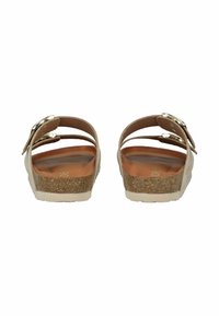 Hnědé sandály s dvěma nastavitelnými pásky, kovovými sponami, korkovými stélkami a gumovými podrážkami. Hladký povrch a minimalistický design.