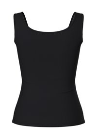 Svart ribbat linne med fyrkantig halsringning, breda axelband och en åtsittande silhuett. Materialtextur är slät och något elastisk.