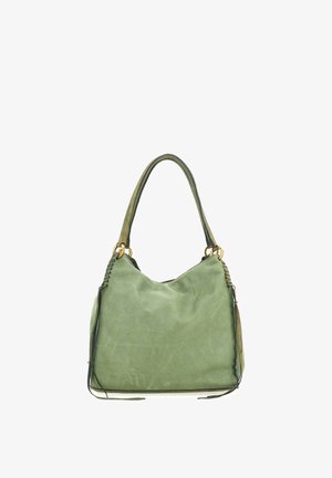 Borsa a tracolla in pelle verde con una texture morbida, forma hobo e dettagli intrecciati sul manico, con elementi in metallo dorato e senza motivi visibili.