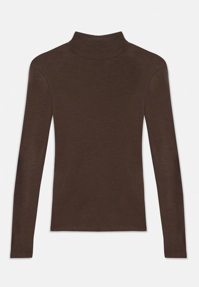 Hnedý dlhý rukáv turtleneck top vyrobený z mäkkej látky, s priliehavým strihom a vysokým golierom. Hladká textúra bez viditeľných vzorov alebo akcentov.