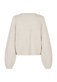 Pull en maille douce de couleur crème avec une coupe décontractée, épaules tombantes et manches longues ballon. Côtelé texturé sur tout le tissu.