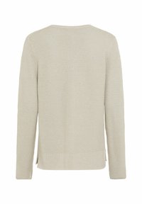 Lichtbeige gebreide trui met een textuurpatroon, ronde hals, lange mouwen en zijopeningen bij de zoom voor extra designdetail.